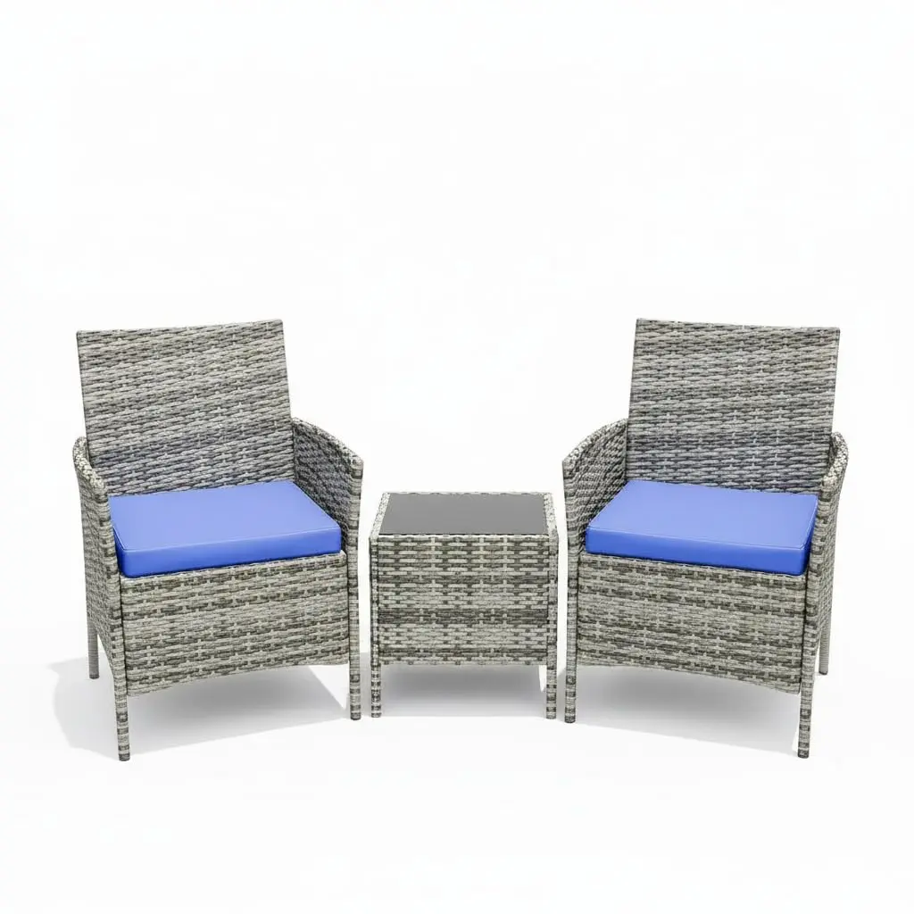 Garvee ﻿ 3-Piece Outdoor Patio Furniture Set with Rattan Wicker Chairs, Glass Top Table and Cushions, Perfect for Porch, Balcony, Backyard, Garden, and Poolside