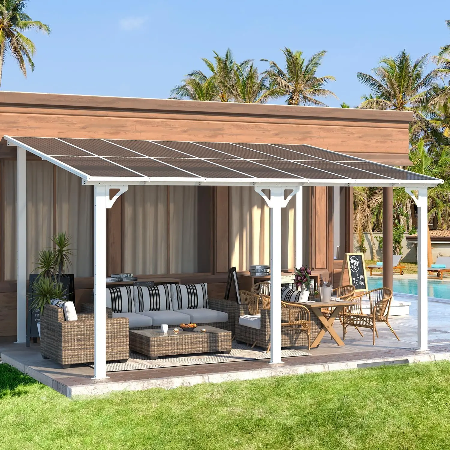 GARVEE 10x14 ft Wall-Mounted Hard Top Roof Lean-To Gazebo, Pergola with Gutters, Outdoor Patio Structure for Deck & Backyard, White