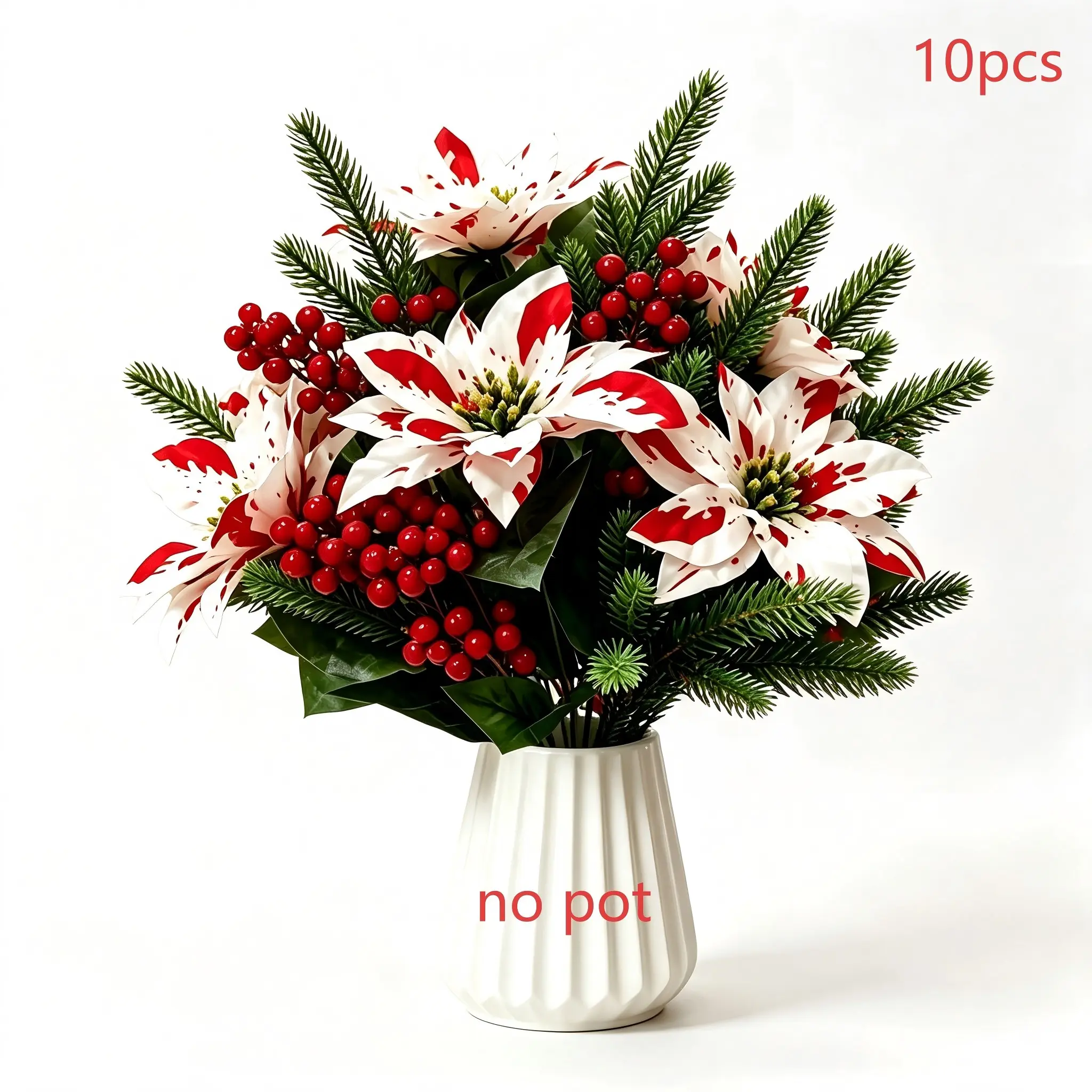 10pcs New Extra-Large White with Red Spots Artificial Poinsettia Bouquet, Festive New Extra-Large White with Red Spots Artificial Poinsettia Bouquet, Realistic Imitation Christmas Flowers, Featuring Full Red Berries and Layered Green Leaves