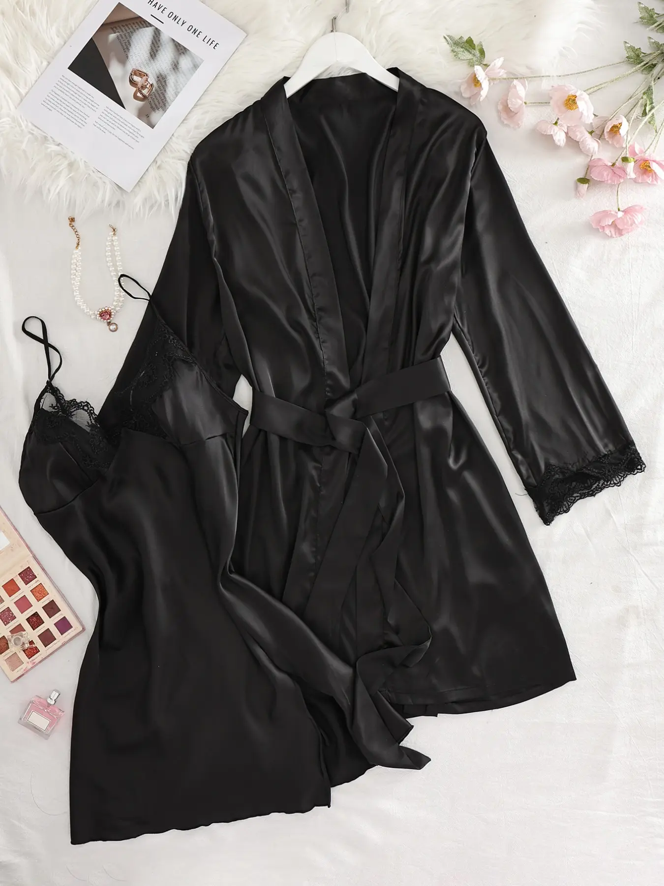 2 Piece Satin Robe Lingerie Set, Lace Trim Spaghetti Strap Slip Nightgown, Matching Waist Belt, Multi Color Bridal Sleepwear