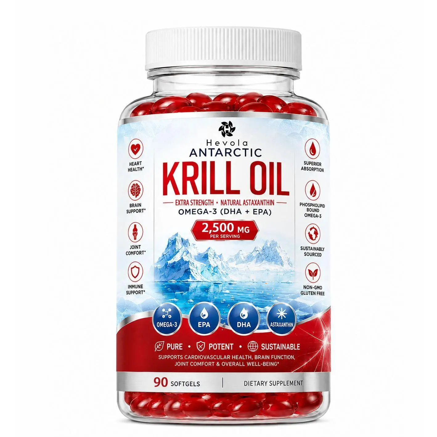 Krill Oil Supplement 2500mg, Antarctic Krill Oil Softgels with Omega-3 EPA DHA, Phospholipid Bound Omega-3 and Natural Astaxanthin, 90 Softgels, Non-GMO Gluten-Free Dietary Supplement