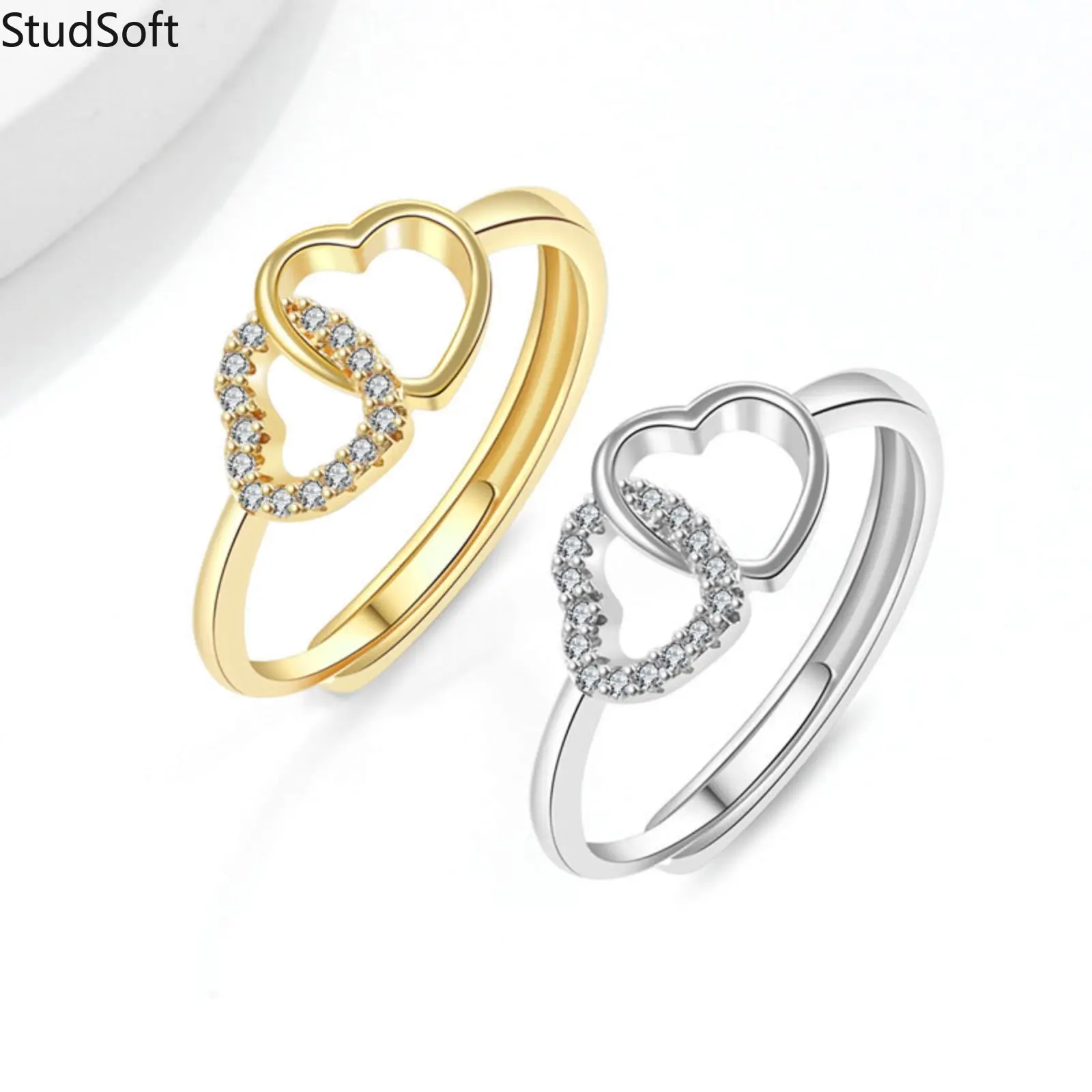 Heart Shape Interlocking Ring Set for Women, Minimalist Cubic Zirconia Adjustable Promise Rings, Birthday Gift Ideas, Adjustable Size, Jewelry For Women, Promise Ring, Interlocking Hearts