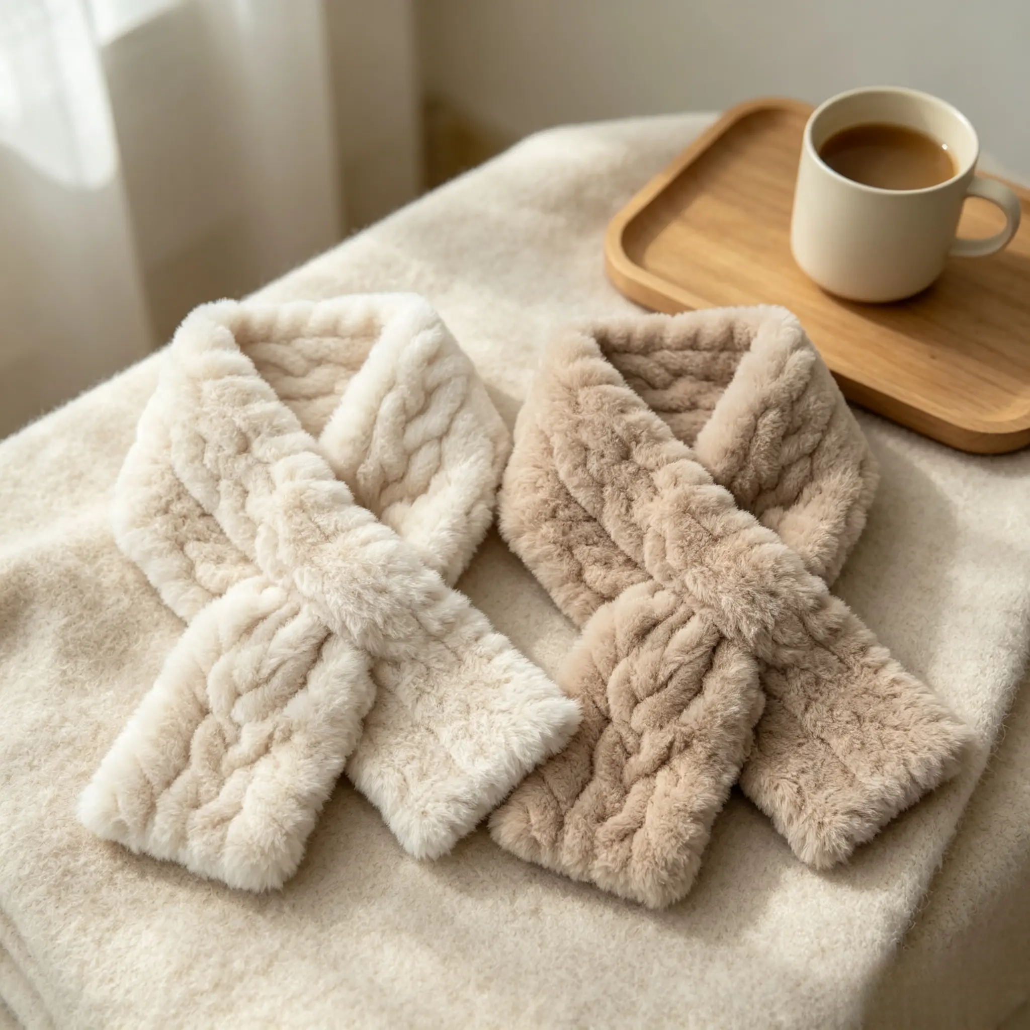Women Casual Fluffy Faux Fur Neck Warmer, Solid Color Knit Cross‑Over Scarf, Soft Warm Plush Shawl, Versatile Accessory For Daily Fall And Winter Outfits
