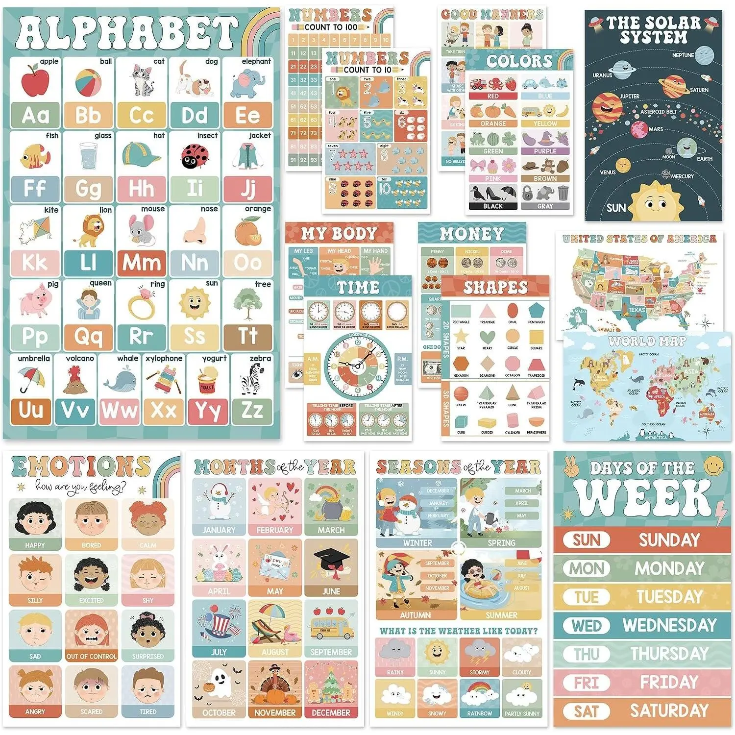 16 Boho Groovy Educational Posters - Alphabet ABC, World Map - Laminated Learning Poster Charts for Classroom Decor, Homeschool & Kindergarten Wall Decoration - Pre-K Learning Activities
