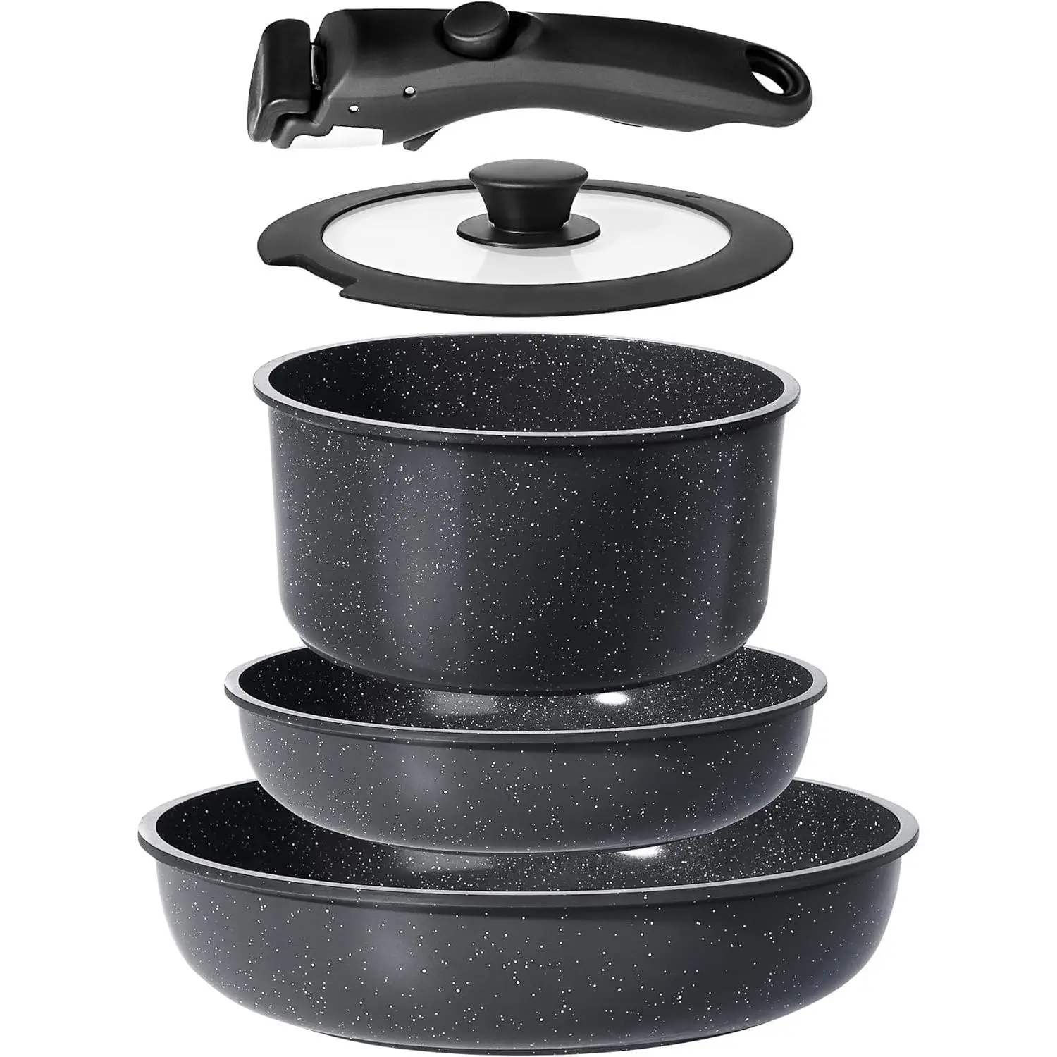 Ceramic Pots and Pans Set Non Stick, Nonstick Detachable Handle Cookware Sets, Non Toxic Induction Kitchen Pot and Pan with Removable Handle, Healthy RV Cookware, Dishwasher ＆Oven Safe, 5 Piece