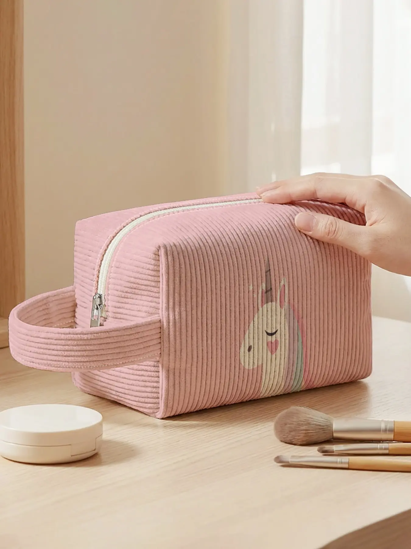 Unicorn Pattern Cosmetic Bag, Dreamy Cute 2D Print, Velvet Handbag, Reinforced Handle + Smooth Zipper, Ideal for Makeup & Essentials