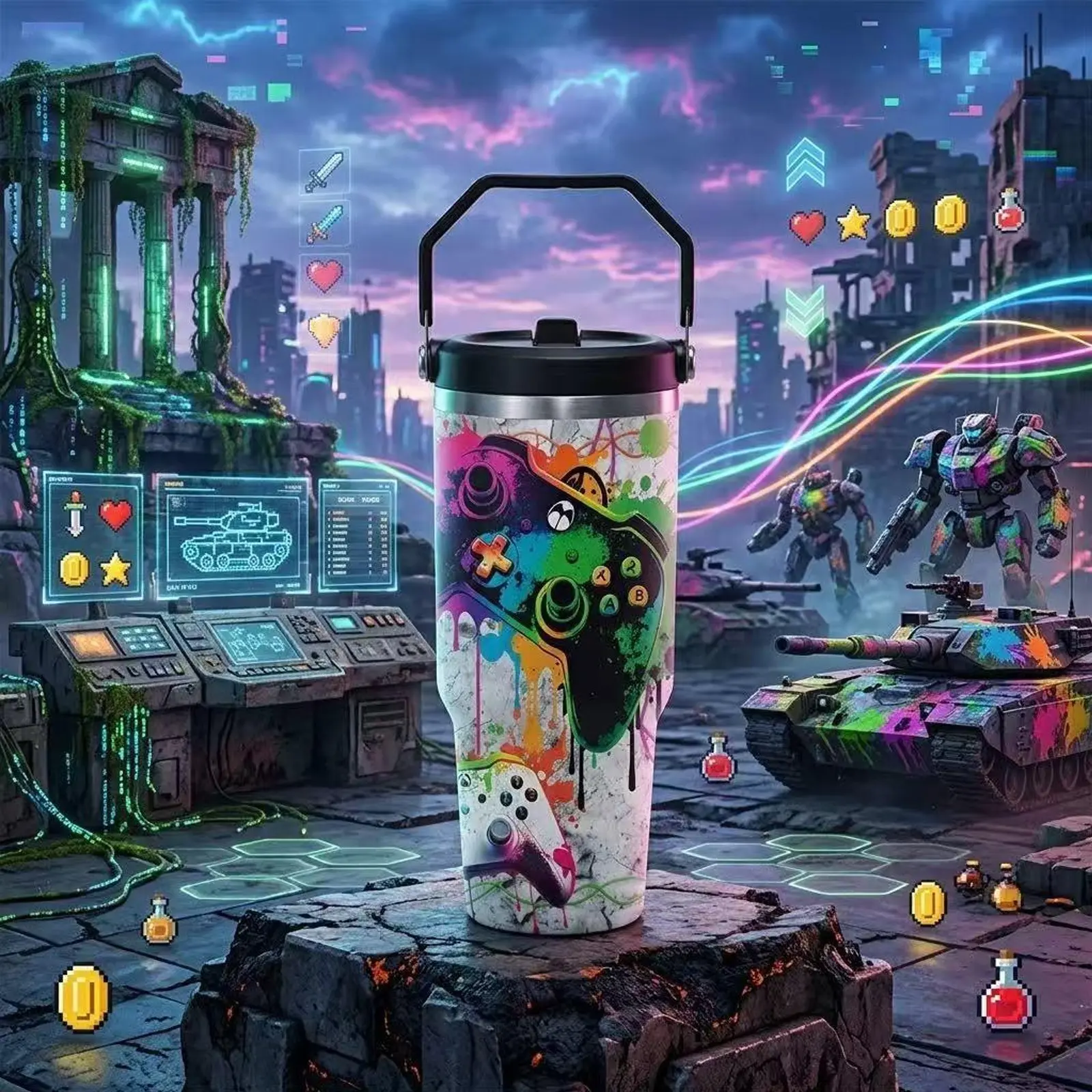 30oz Gaming Controller Graffiti Printed Tumbler with Handle, Retro Pixel Video Game Stainless Steel Insulated Travel Mug, Gamer Coffee Cup, Back to School Gift, Halloween Gaming Gift, Christmas Gift for Gamers, Leakproof Vacuum Tumbler, Flasks, Drinkware