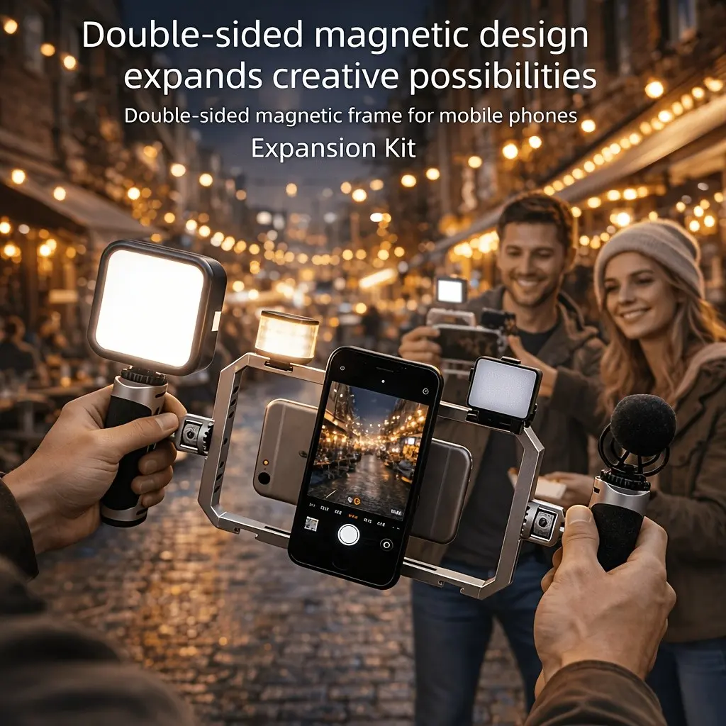 Pro Vlogging Anti Shake Stabilizer Kit, Dual-Side Magnetic Phone Holder with Grips, Adjustable Mount for Lights & Microphones, Perfect for Live Streaming Vlogging & Video Filming