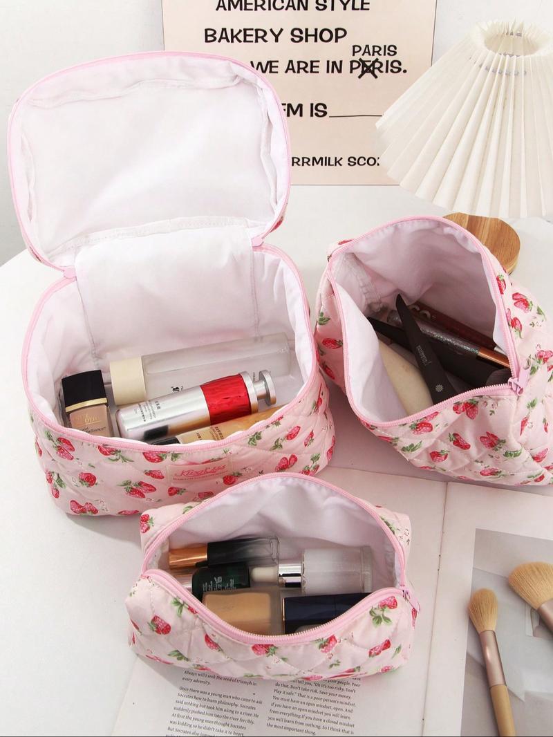 Strawberry Pattern Makeup Bag Set, Large Capacity Fluffy Makeup Bag & Toiletries Bag & Makeup Brush Bag, Portable Cosmetic Storage Bag, Makeup Organizer Pouch