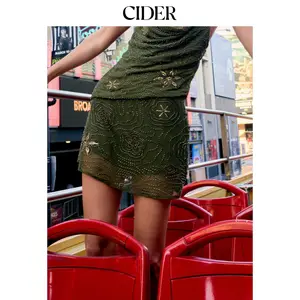 Cider Textured Mesh Mid Rise Floral Beading Sequin Embroidery Mini Skort