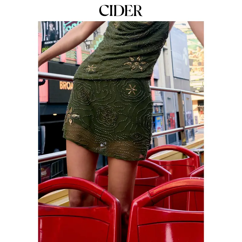 Cider Textured Mesh Mid Rise Floral Beading Sequin Embroidery Mini Skort