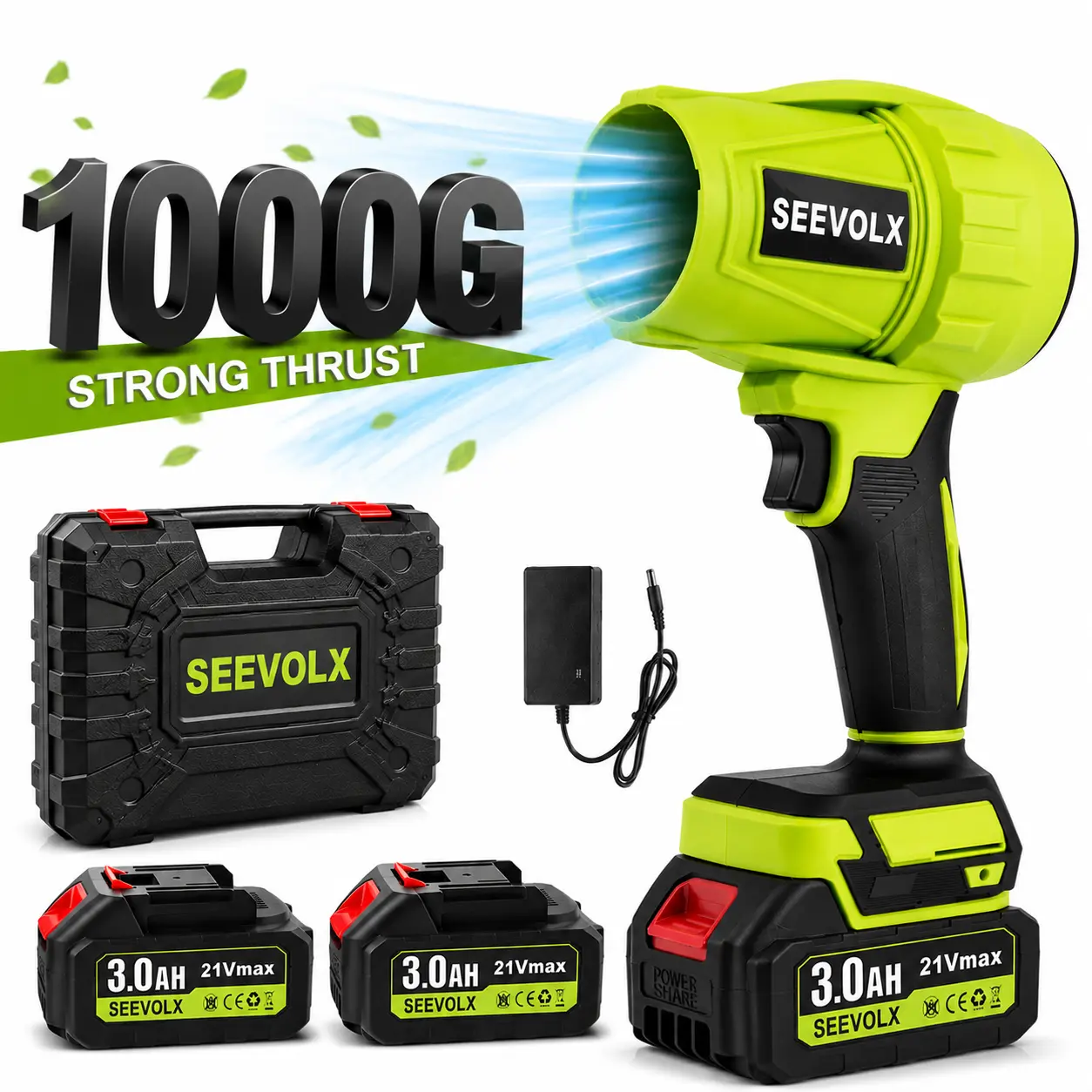 SEEVOLX 1000G Cordless Turbo Jet Blower, High-Power Handheld Air Blower with 2 x 21V MAX 3.0Ah Batteries, Pure Copper Motor for Car Drying, Leaves, Light Snow, Dust and Home Cleaning