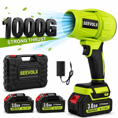 SEEVOLX 1000G Cordless Turbo Jet Blower, High-Power Handheld Air Blower with 2 x 21V MAX 3.0Ah Batteries, Pure Copper Motor for Car Drying, Leaves, Light Snow, Dust and Home Cleaning