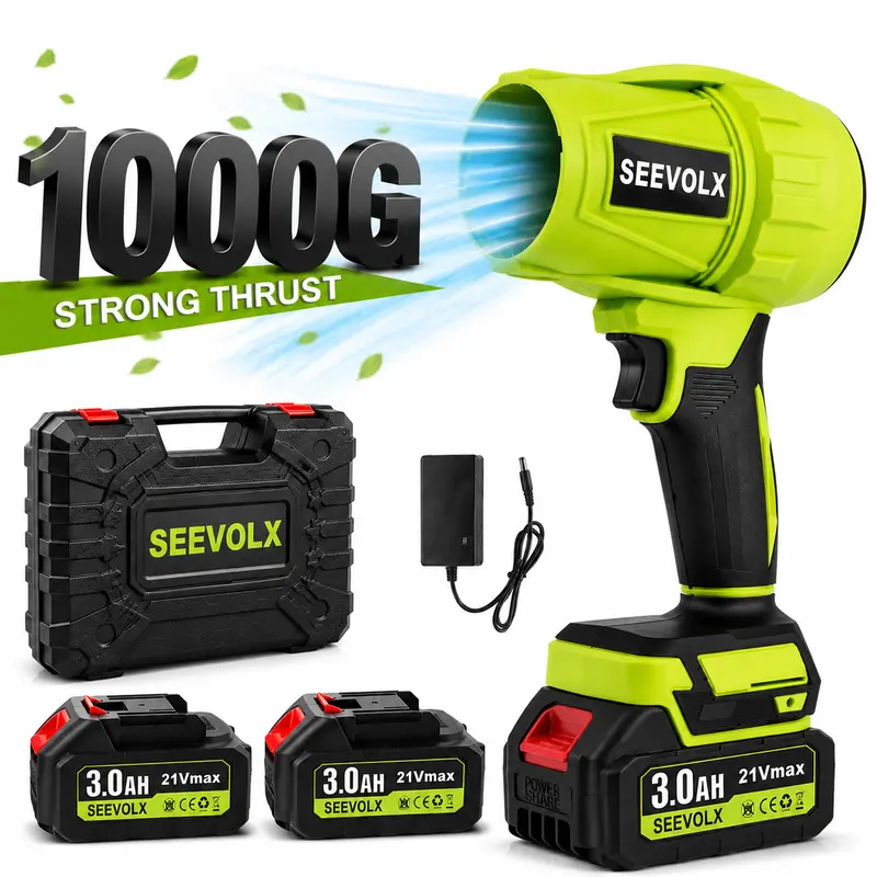 SEEVOLX 1000G Cordless Turbo Jet Blower, High-Power Handheld Air Blower with 2 x 21V MAX 3.0Ah Batteries, Pure Copper Motor for Car Drying, Leaves, Light Snow, Dust and Home Cleaning