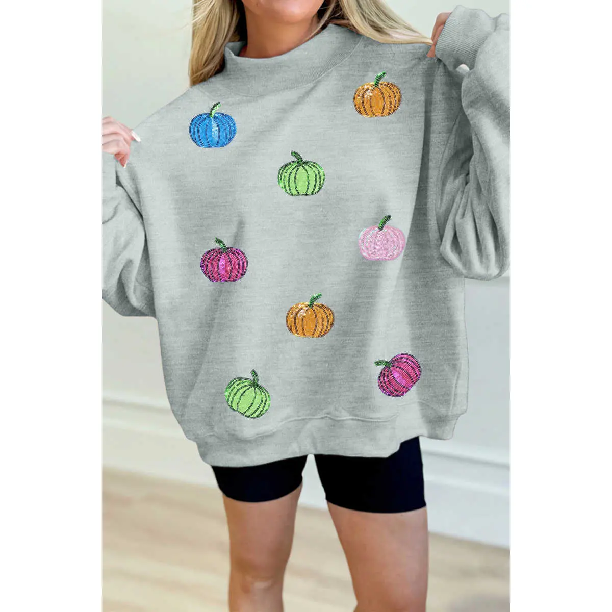 Gray Sequin Pumpkin Patch Mock Neck Baggy Sweatshirt