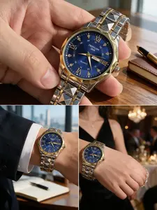 Men's Quartz Wristwatch with Roman Numerals, Digital Face, Stainless Steel Strap, Waterproof, Business Style, Gift Idea
