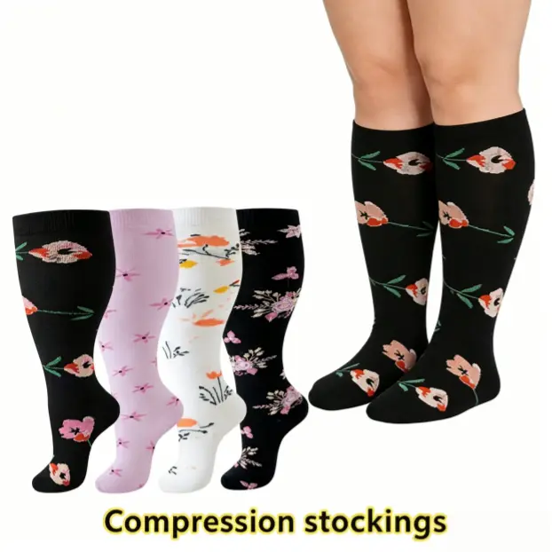 Women's 4-Pair Pastel Floral Wide Calf Compression Socks - Oversized Plus Size 3XL Soft Knit Fabric, All-Season Non-Binding, for Nurses, Travel, Gym, Breathable Thick Coordinate 1, Do Not Dry Clean
