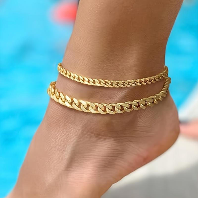 Trendy 2-Pack Minimalist Metal Anklets - Delicate Summer Footwear Accessory, Ideal Holiday & Birthday Gift for Her, Versatile Jewelry for Beach & Parties.