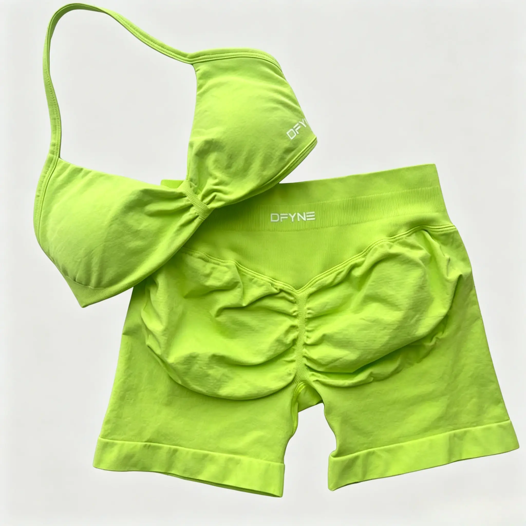 Dfyne Women's 3-Piece Seamless Workout Set - Neon Green, High Waist Tummy Control Shapewear, V-Neck, Above The Knee, Lightweight Athletic Outfits with Tank Tops, T-Shirts, Triangle Bra for Fitness & Yoga