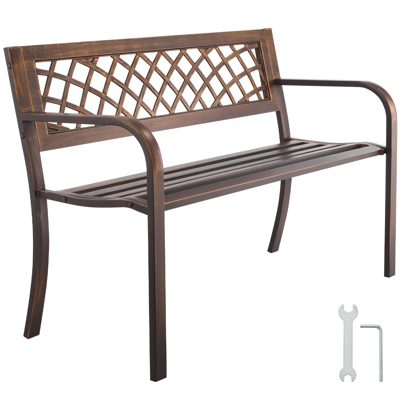 VEVOR 46-in Outdoor Bench, Carbon Steel Metal Frame with PVC Mesh Pattern Backrest & Round Arms, Weatherproof Antique Bronze Bench for Patio, Garden