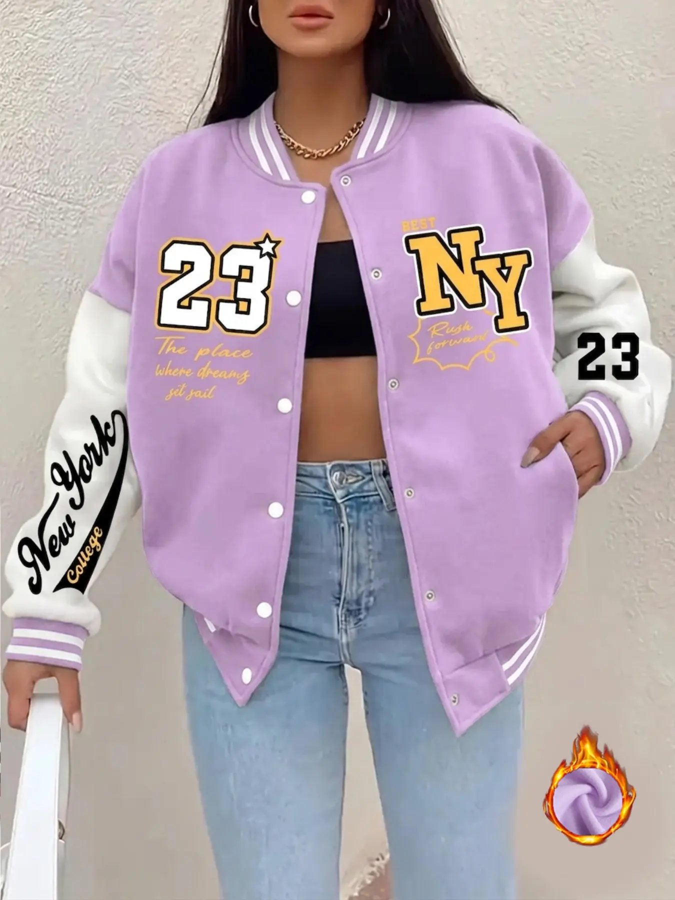 Women's Fall Winter Casual Baseball Jacket, New York Letter 23 Number Pattern Colorblock Collar Coat, Long Sleeve Fitted Outerwear