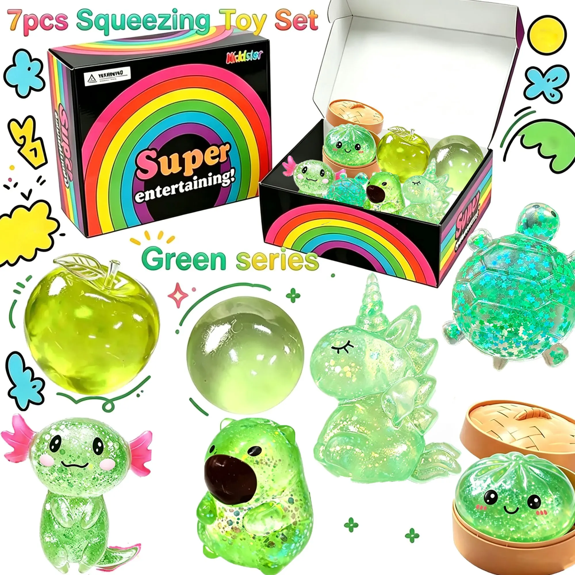 7 Pack Green Series Glitter Squeeze Stress Relief Toys, Soft Portable Sensory Fidget Balls, Apple, Round Ball, Tortoise, Capybara, Steamed Bun, Salamander, Unicorn Soft Cute Toys, Ideal Birthday & Party Gifts for Kids Adults Anxiety Relief