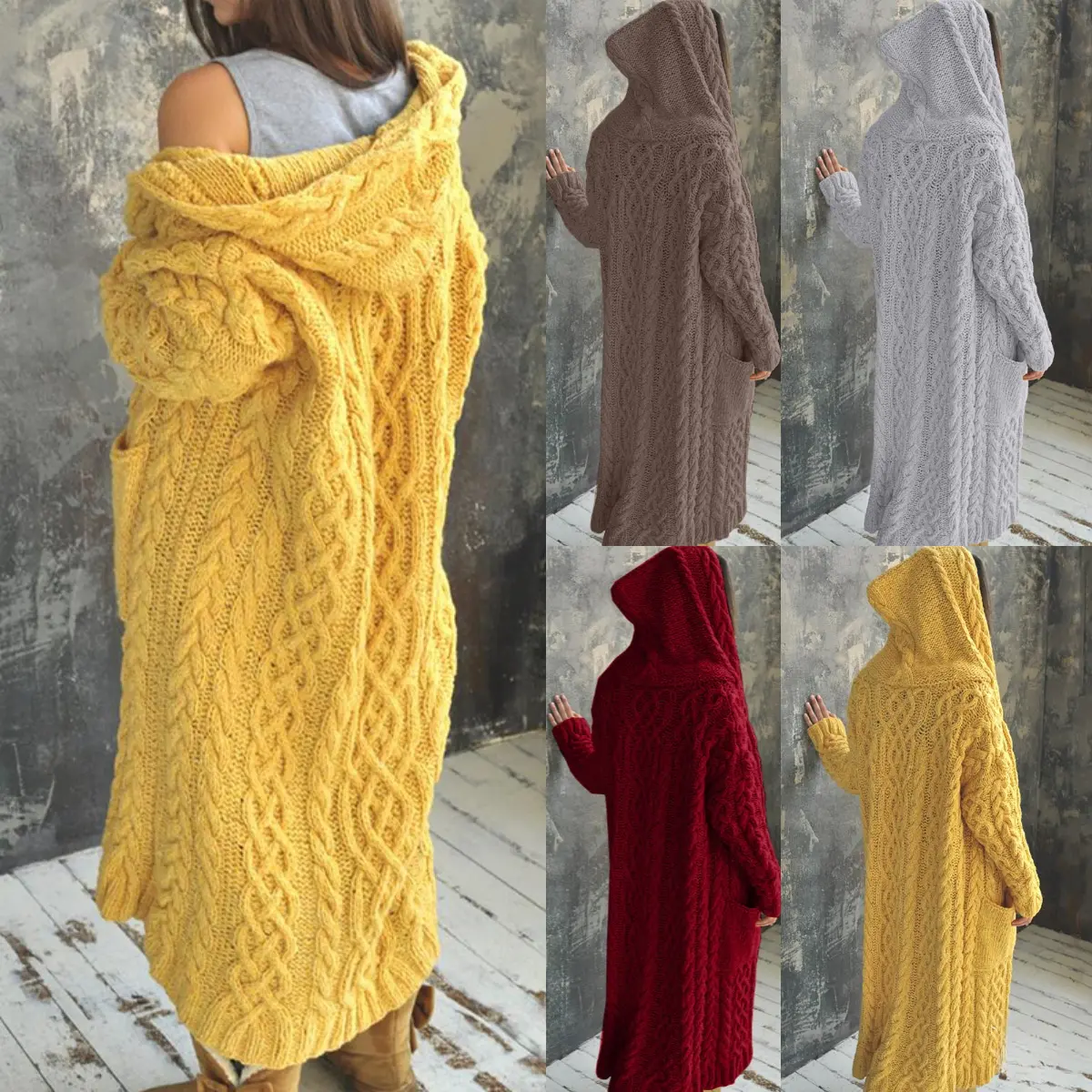 2026 new style open-front cable-knit sweater, featuring a relaxed, casual style, with a hood, long design, and suitable for autumn and winter wear