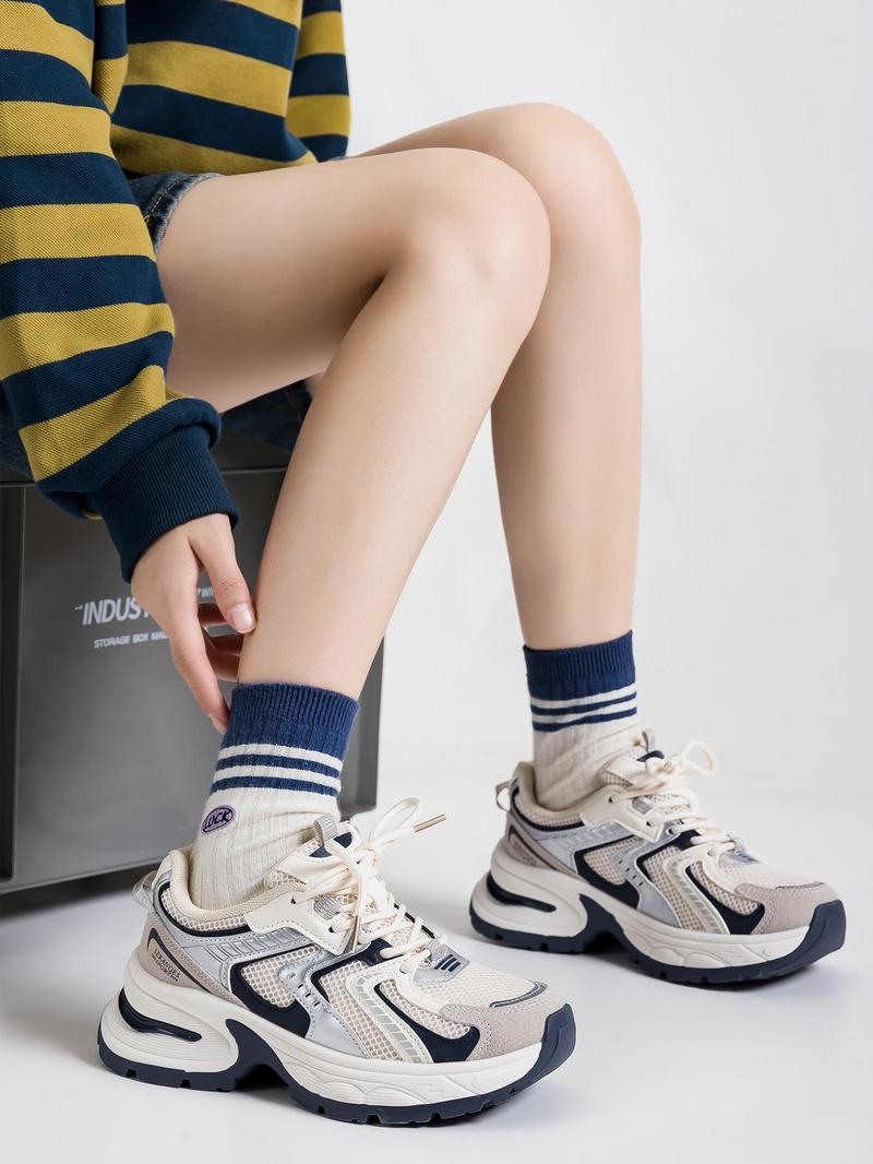 New Thick Sole Dad Shoes Fashion Casual Sporty Women's Breathable Height Increasing Sneakers, Round Toe, Low Top, All Seasons