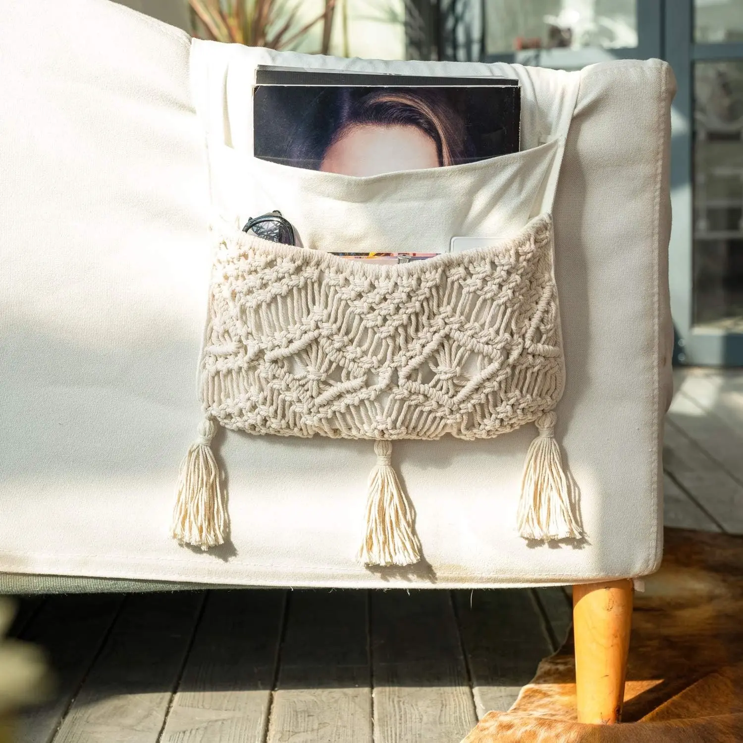 Macrame Couch Organizer Remote Control Caddy Sofa Armrest Armchair Bedside Storage Holder Bag for TV Remote, Magazine, Books, Cell Phone, iPad, Boho Living Room Home Dorm Decor, Beige