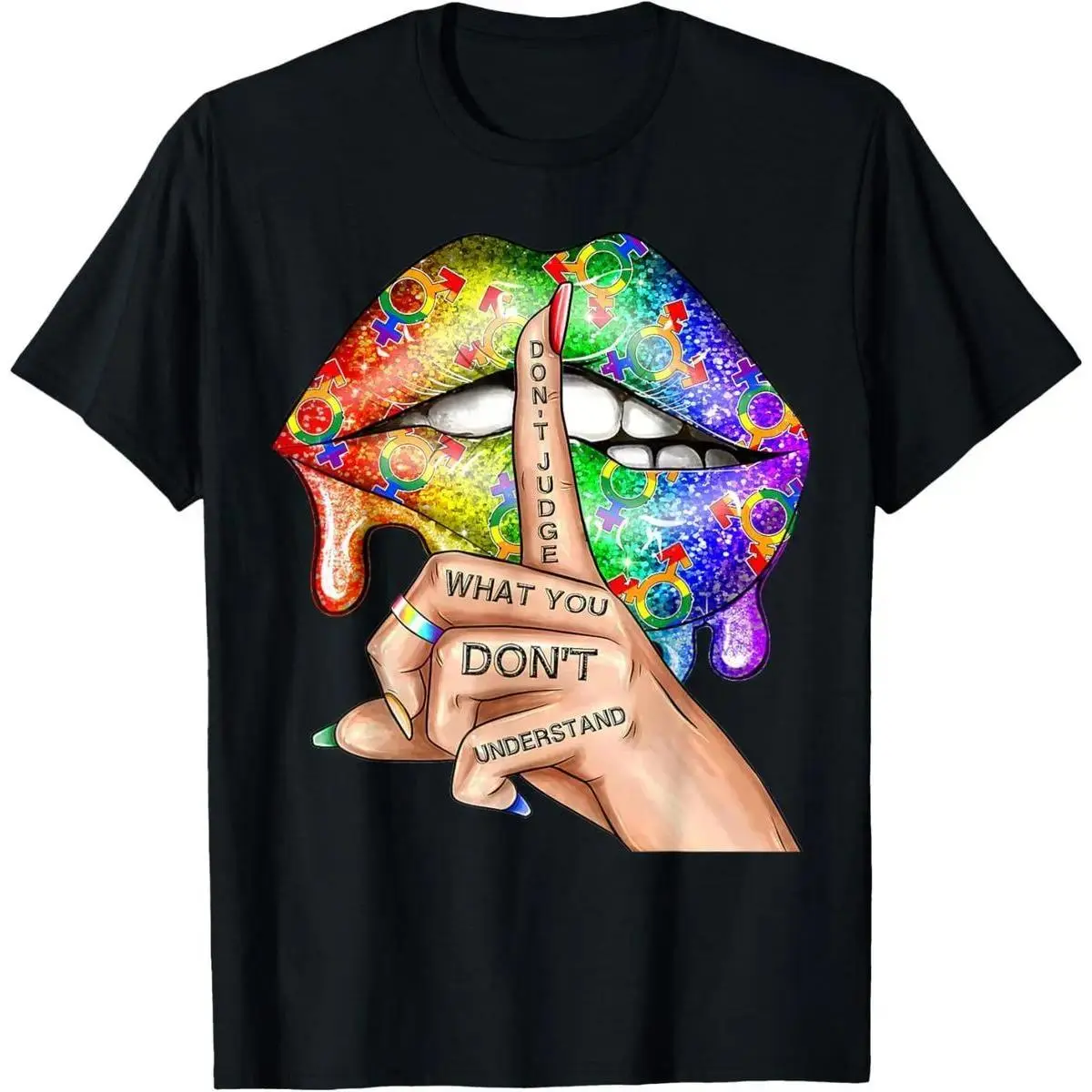 Unisex 100% Cotton LGBT Pride Short-Sleeve Casual Tee - 24-Hour Shipping, Rainbow Lips Graphic, Round Neck Streetwear T-Shirt, "Don’t Judge What You Don’t Understand" Print, Shortsleeve, Tshirt, Classic Fit