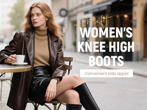 Athlefit Knee High Boots for Women Square Toe Platform Chunky Heel Stretchy Tall Boots with Side Zipper