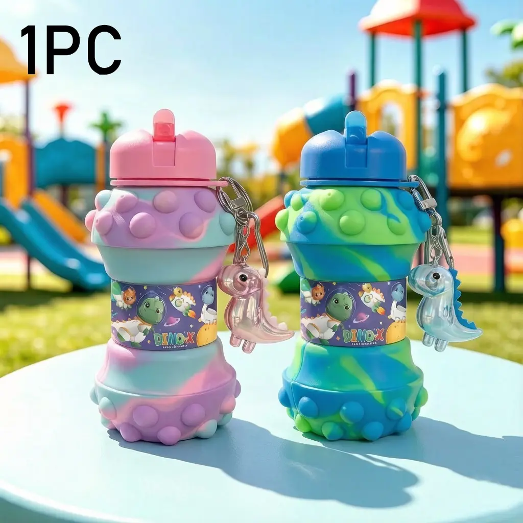 550ML Foldable Silicone Water Cup, Dinosaur Cartoon Rainbow Straw Cup, Portable Leak-Proof Travel Mug, Perfect Gift for All Seasons