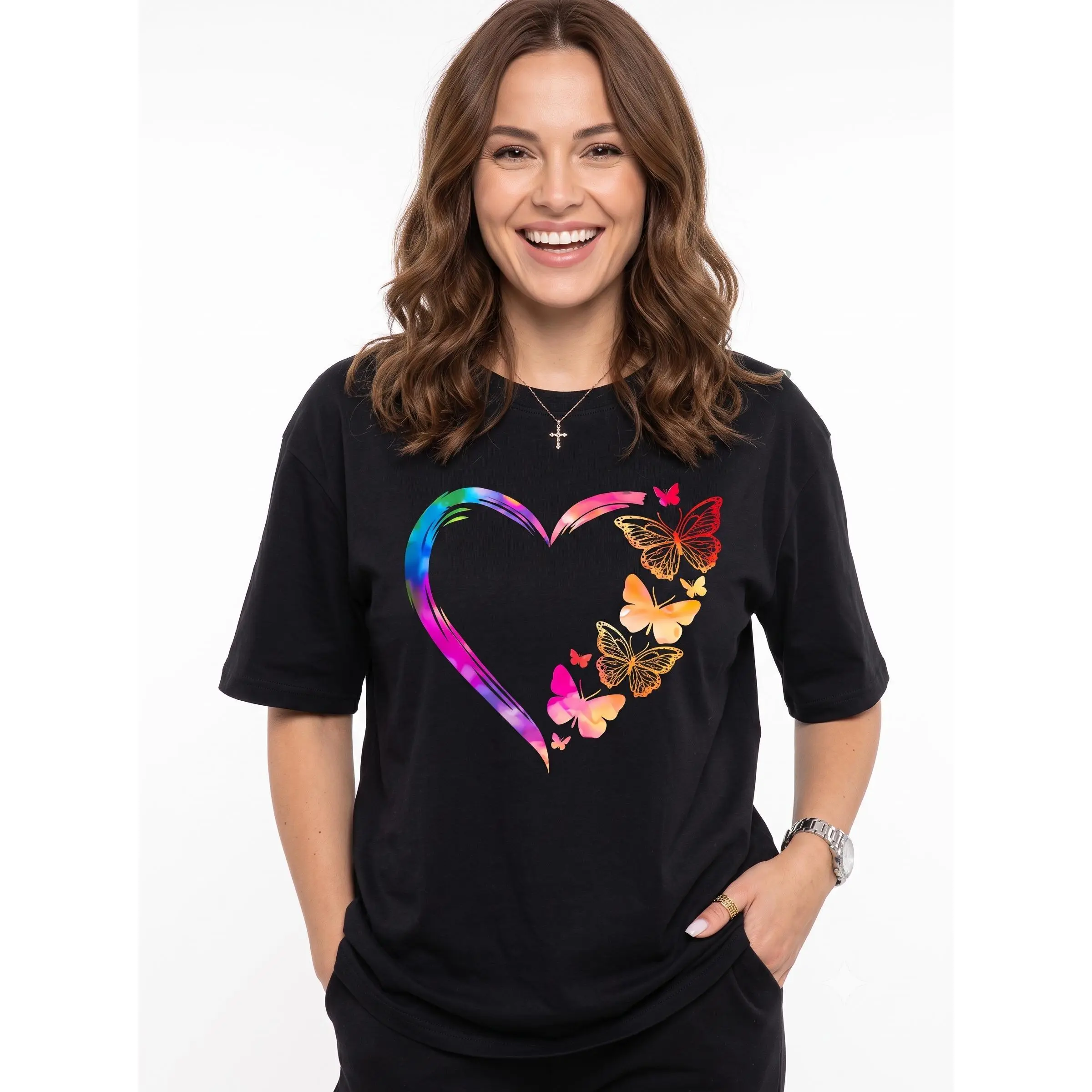 Men's Butterfly & Heart Graphic T-Shirt, Casual Drop Shoulder Top in Lightweight 100% Cotton, Comfortable Short Sleeve for Summer