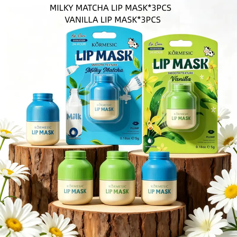 KORMESIC Lip Mask 6PCS Bundle 3 Vanilla +3 Milky Matcha, 24H Long Lasting Hydrating Lip Sleeping Mask, Jojoba Avocado Oil Nourish Reduce Lip Lines Repair Dry Crack Lips, Silky Light Texture Day Base Night Treatment Gentle Plant Lip Balm 5g*6