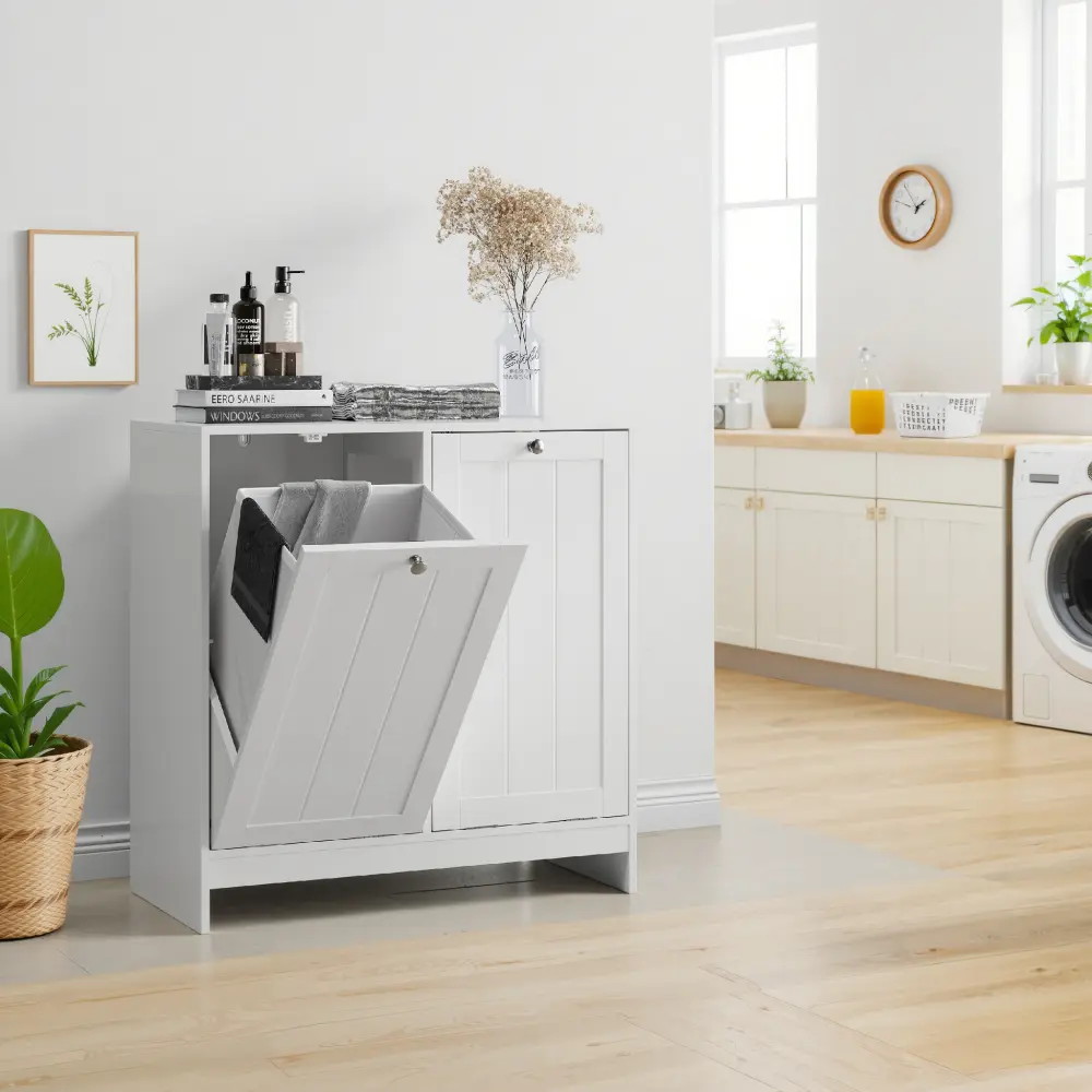 Tilted Laundry Hamper with Removable Basket, Hidden Laundry Hamper, Bathroom Laundry Hamper Storage Cabinet, Free-Standing Home Organizer, White
