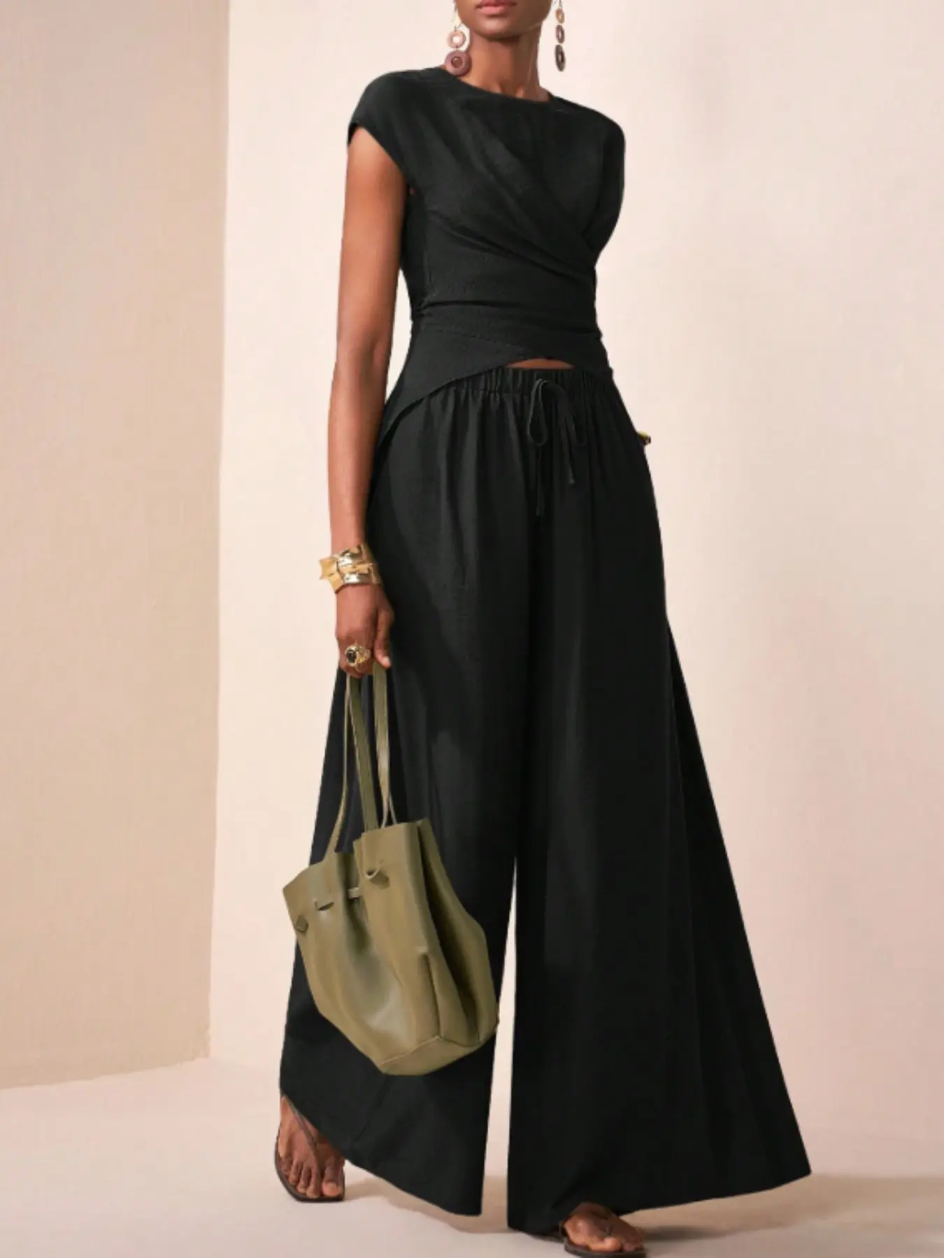 Women's New Adjustable Loose Fit Top, Wide Leg Casual Long Pants Set, Comfortable and Stylish for Everyday Wear, Perfect for Relaxing Days