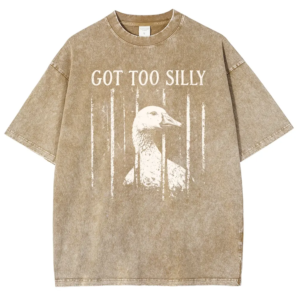 Distressed Vertical Stripe Duck "Got Too Silly" Unisex Graphict Washed T-Shirt Personalized Pattern Y2k Clothing Round Neck Washed T-Shirt,Women's Clothing 100% Cotton, Menswear, Top, Vintage Style,Summer Casual Oversized