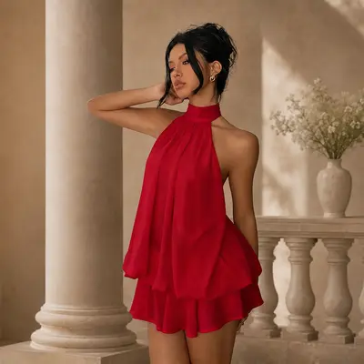 Red Halter Draped Neck Dress