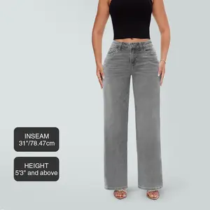 ONESO Washed Grey Wide Leg BBL Stretch Jeans for Women Mid Rise Denim Pants Y2K Streetwear 8001