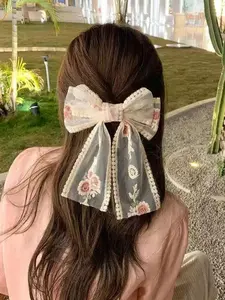 Women's Elegant French Style Embroidered Rose Lace Butterfly Hair Clip, Daily Wear Double Layer Ribbon Half-Up Spring Clip