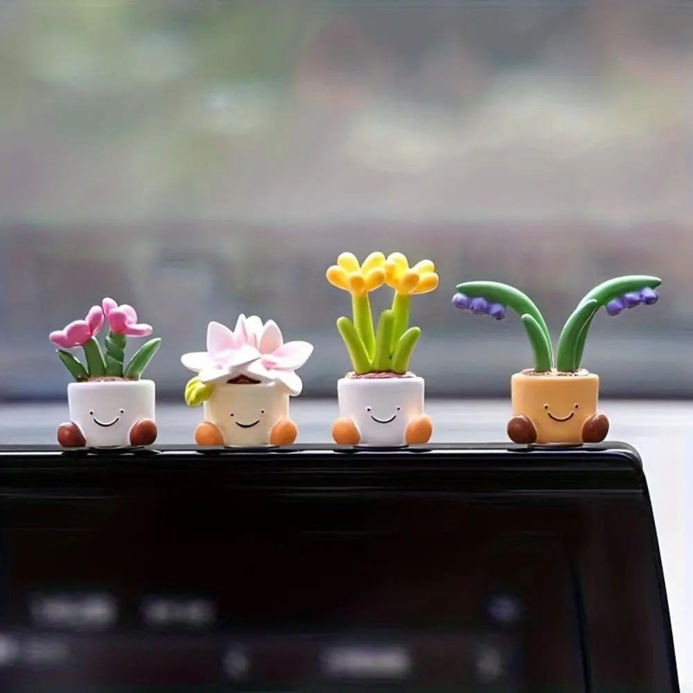 Set of 4 Mini Potted Flower Resin Statues, Lovely Small Plant Pot Figurines, Cute Dashboard Ornaments, Sweet Interior Decor Accessories for Car & Room Display, Dashboard Decorations