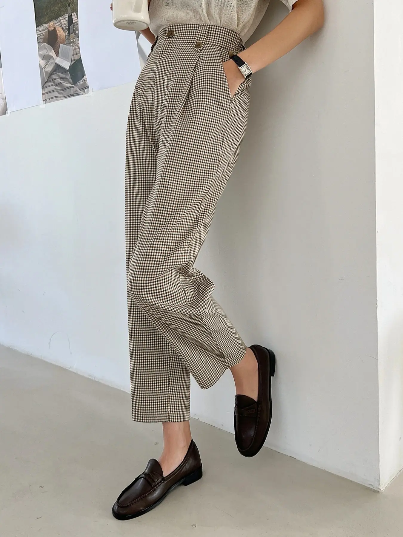 Plaid Tube Pants, High Waist Elastic Back Slimming Checkered West Pants, Office Commute Women's Casual Pants, Nine-Inch Length