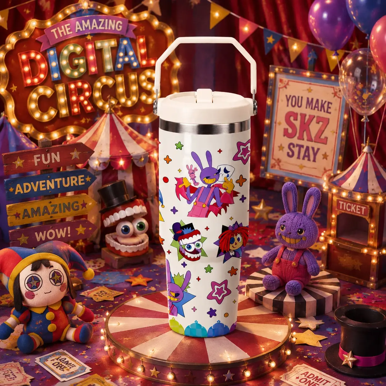 30oz The Amazing Digital Circus Inspired Tumbler, Insulated Vacuum Tumbler, Cute Cartoon Character Water Bottle with Handle, Colorful Fantasy Circus Aesthetic Cup, Kawaii Travel Mug, Fun Gift for Fans, Girls & Teens, Birthday & Holiday Gift