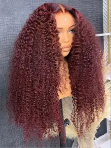 Burgundy Soft Long 26 Inch 180 Density Natural Kinky Curly 99j Wine Red Front Lace Wig, Glueless Heat Resistant Synthetic Hair, Daily Wear Pre-plucked