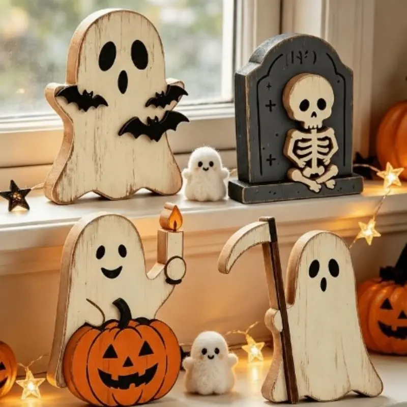 Halloween Cartoon Layered Wooden Shelf, Vintage Desktop Decor Tray, Multi-Layer Storage Rack, Fireplace Bookshelf, Office Coffee Table Party Decoration