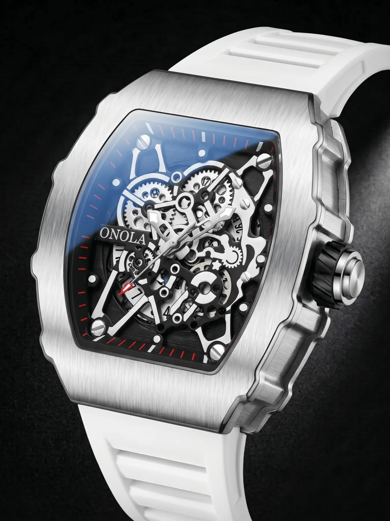 ONOLA 2026 NEW Men Tonneau Skeleton Quartz Watch Luxury Wrist Watches Fashionable Waterproof Wristwatch Fashion Waterproof Watch Business Watch Luminous Hollow Dial Silicone Strap 30M Waterproof Watch Commute Gift Watch For Men