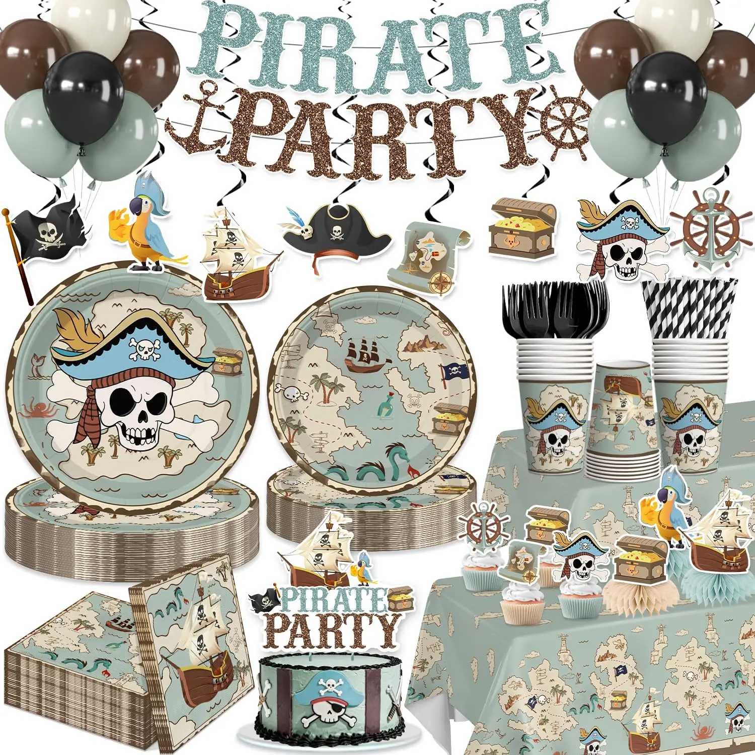 Pirate Party Decorations for 25 Guests, 205PCS All-in-One Dusty Blue Pirate Birthday Party Supplies Set with Treasure Map Plates, Banner, Balloons, and Tablecloth for Adventure Theme Party
