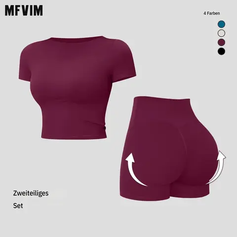 MFVIM Women’s 2-Piece Yoga Sports Fitness Outfit - Quick-Dry Short-Sleeve Top, Butt-Lifting Ruched Quick-Dry Shorts, Matching Gym Workout Sets for Back to School, Workout Sets Women