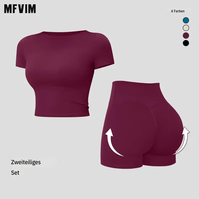MFVIM Women’s 2-Piece Yoga Sports Fitness Outfit - Quick-Dry Short-Sleeve Top, Butt-Lifting Ruched Quick-Dry Shorts, Matching Gym Workout Sets for Back to School, Workout Sets Women