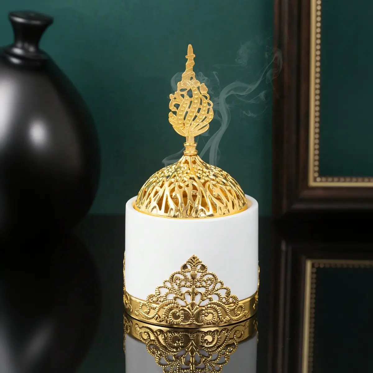 Cylindrical Resin Incense Burner with Ornate Golden Lace Trim & Hollow Filigree Dome Lid, Decorative Aromatherapy Censer, 3 Color Options, Tabletop Ornament for Living Room, Bedroom & Indoor Home Styling